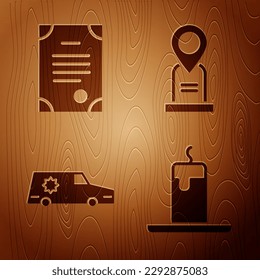 Set Burning candle, Death certificate, Hearse car and Location grave on wooden background. Vector