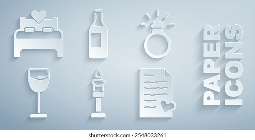 Set Burning candle, Diamond engagement ring, Wine glass, Envelope with Valentine heart, bottle and Bedroom icon. Vector