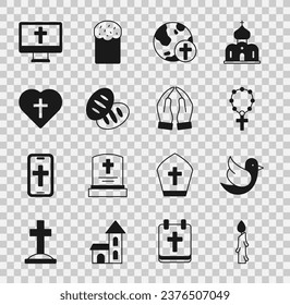 Set Burning candle, Dove, Rosary beads religion, Christian cross with globe, bread, heart, monitor and Hands praying position icon. Vector