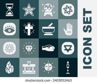 Juego de velas ardientes, elemento de la Tierra, mano Hamsa, bola mágica, cruz cristiana, masones, cristales antiguos con arena e icono de mortero. Vector