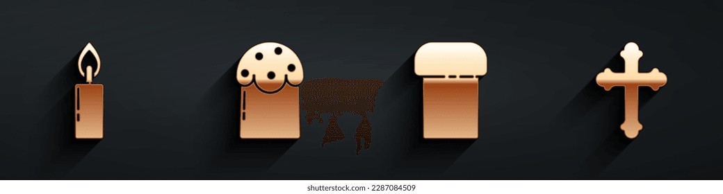 Set Burning candle, Easter cake, Easter cake and Christian cross icon with long shadow. Vector