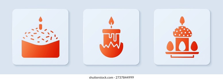 Set Burning candle, Easter cake and candle and Easter cake and eggs. White square button. Vector