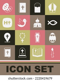 Set Burning candle, Easter egg, Christian fish symbol, cake, Dove, cross, bread and Church building icon. Vector