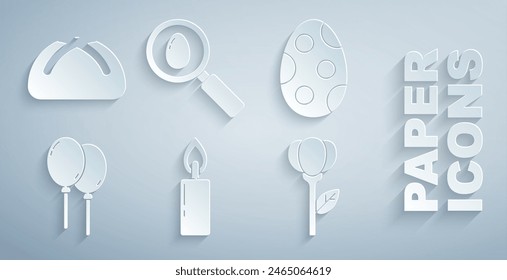 Set Burning candle, Easter egg, Balloons with ribbon, Flower tulip, Search easter and cake icon. Vector