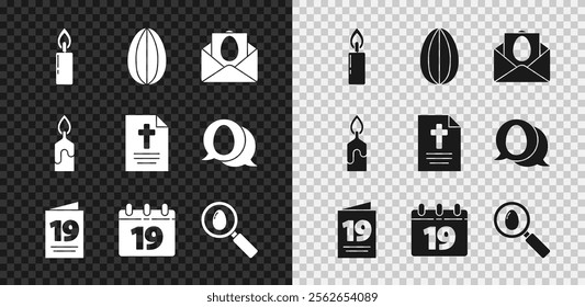 Set Burning candle, Easter egg, Greeting card with Happy, Calendar, Search easter,  and  icon. Vector