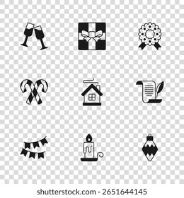 Set Burning candle, Envelope, Christmas toy, Merry house, wreath, Glass of champagne, Gift box and Candy cane with stripes icon. Vector