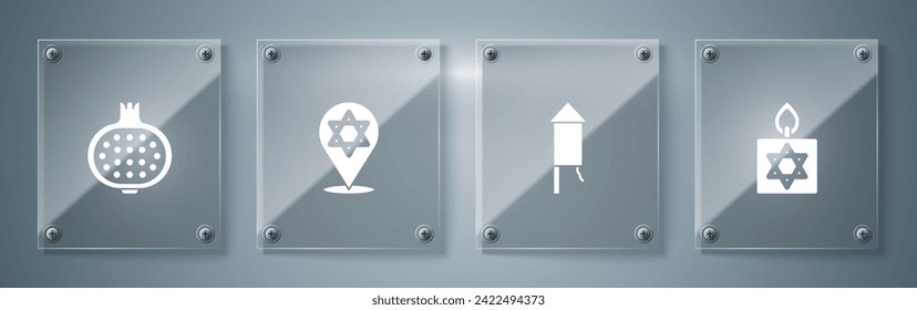 Set Burning candle, Firework rocket, Star of David and Pomegranate. Square glass panels. Vector