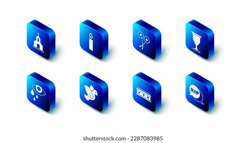 Set Burning candle, Flower, Christian chalice, Speech bubble rip death, Coffin with cross, Dove, Tear cry eye and Church building icon. Vector