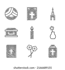 Set Burning candle, Flower, Funeral, vase, Holy bible book, Coffin with cross, Church building and Memorial wreath icon. Vector
