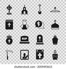 Set Burning candle, Funeral, Church tower, Shovel, Angel, Holy bible book, Grave with cross and  icon. Vector