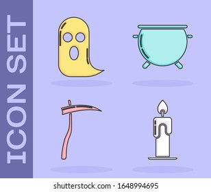 Set Burning candle , Ghost , Scythe  and Halloween witch cauldron  icon. Vector