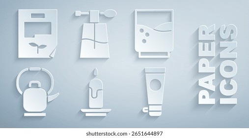 Set Burning candle, Glass with water, Kettle handle, Cream or lotion cosmetic tube, Perfume and Leaf document icon. Vector