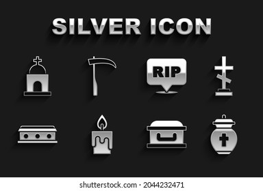 Set Burning candle, Grave with cross, Funeral, Coffin, Speech bubble rip death, Old crypt and Scythe icon. Vector