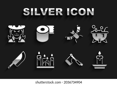 Set Burning candle, Halloween witch cauldron, Wooden axe, Knife, Flying bat, Witch and Toilet paper roll icon. Vector