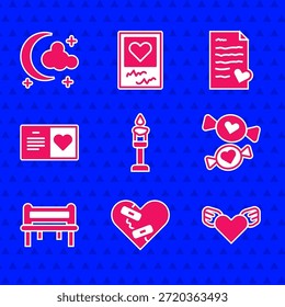 Conjunto de vela ardiente, corazón roto curado, corazón con alas, caramelo, banco romántico, folleto de fiesta de San Valentín, sobre y icono de estrellas de la luna. Vector