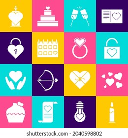 Ponga la vela quemante, corazón, corazón de candado, vidrio de champán, calendario con, castillo la forma, poción de amor de botella e icono de anillos de boda. Vector