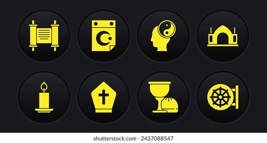 Set Burning candle, Hindu spiritual temple, Pope hat, Holy grail or chalice, Yin Yang, Star crescent, Dharma wheel and Decree, paper, parchment, scroll icon. Vector