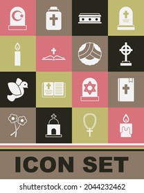 Set Burning candle, Holy bible book, Grave with cross, Coffin, Muslim cemetery and Memorial wreath icon. Vector