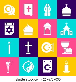 Set Burning candle, Holy grail or chalice, Church building, Hands praying position, Muslim Mosque, Jewish calendar, Star crescent and  icon. Vector