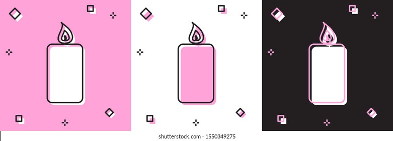 Set Burning candle icon isolated on pink and white, black background. Old fashioned lit candle. Cylindrical aromatic candle stick with burning flame.  Vector Illustration