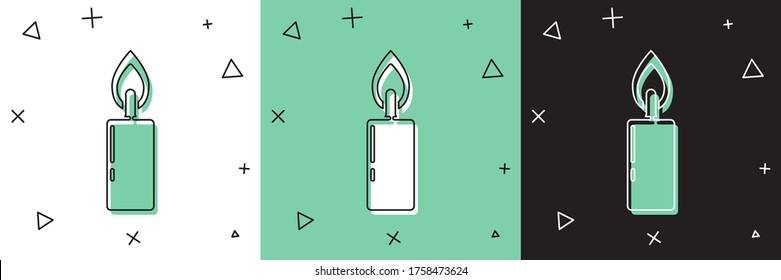 Set Burning candle icon isolated on white and green, black background. Cylindrical candle stick with burning flame.  Vector Illustration