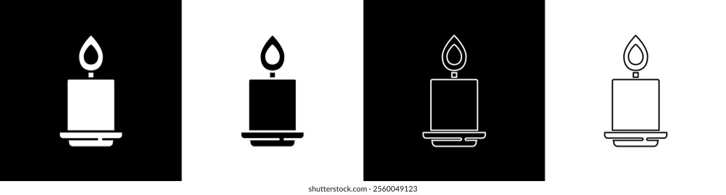 Set Burning candle icon isolated on black and white background. Cylindrical aromatic candle stick with burning flame. Happy Halloween party.  Vector