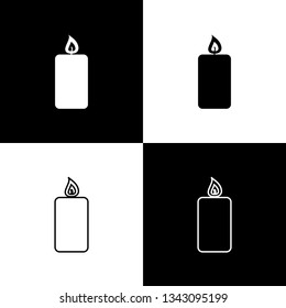 Set Burning candle icons isolated on black and white background. Old fashioned lit candle. Cylindrical aromatic candle stick with burning flame. Line, outline and linear icon. Vector Illustration