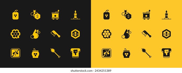 Set Burning candle, Jar of honey dipper stick, Beekeeping brush, Honey, honeycomb, extractor, Cosmetic tube with and Sale bees icon. Vector