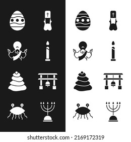 Set Burning candle, Jesus Christ, Easter egg, Priest, Stack hot stones, Japan Gate, Hanukkah menorah and Pastafarianism icon. Vector