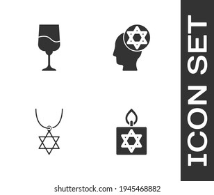 Set Burning candle, Jewish goblet, Star of David necklace on chain and Orthodox jewish hat icon. Vector