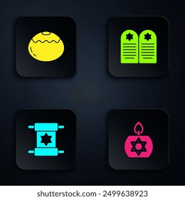 Set Burning candle, Jewish sweet bakery, Torah scroll and Tombstone with star of david. Black square button. Vector