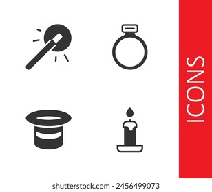 Set Burning candle, Magic wand, hat and stone ring icon. Vector