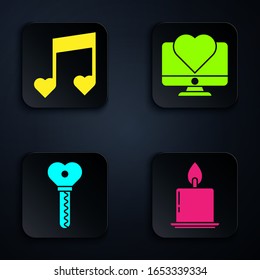 Set Burning candle, Music note, tone with hearts, Key in heart shape and Computer monitor with heart. Black square button. Vector