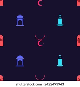 Set Burning Kerze, Moslems Moschee, Star Crescent auf Kette und Osterkuchen auf nahtlosen Mustern. Vektorgrafik