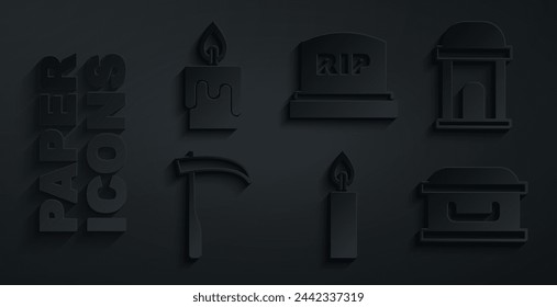 Set Burning candle, Old crypt, Scythe, Coffin with cross, Tombstone RIP written and  icon. Vector