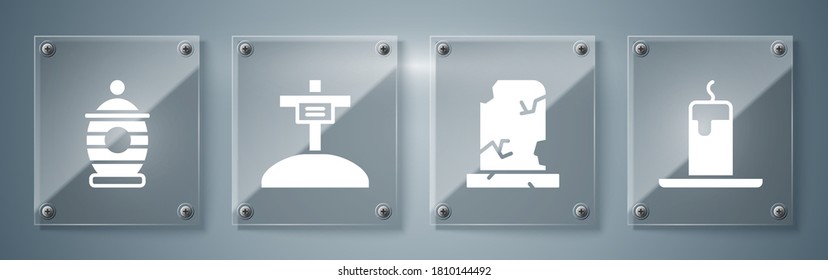 Set Burning candle, Old grave with tombstone, Grave with cross and Funeral urn. Square glass panels. Vector