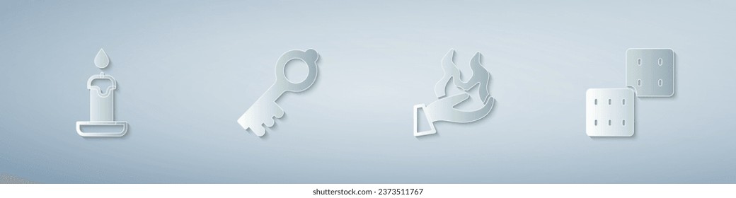 Set Burning candle, Old magic key, Hand holding fire and Game dice. Paper art style. Vector