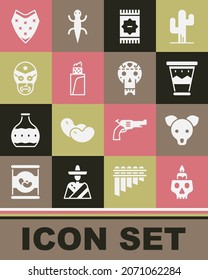 Set Burning candle on a skull, Dog, Mexican drum, carpet, Burrito, wrestler, Poncho and  icon. Vector