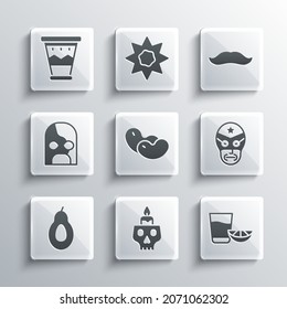 Set Burning candle on a skull, Tequila glass with lemon, Mexican wrestler, Beans, Avocado, drum and Mustache icon. Vector