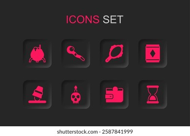 Set Burning candle on skull, Magic staff, Witch cauldron, Wallet, carpet, Old hourglass, hand mirror and Game thimbles icon. Vector