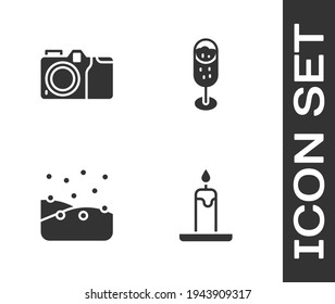 Set Burning candle, Photo camera, Snowfall and Glass of champagne icon. Vector
