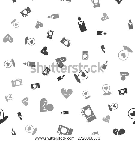 Set Burning candle, Photo camera, Location with heart and Broken or divorce on seamless pattern. Vector
