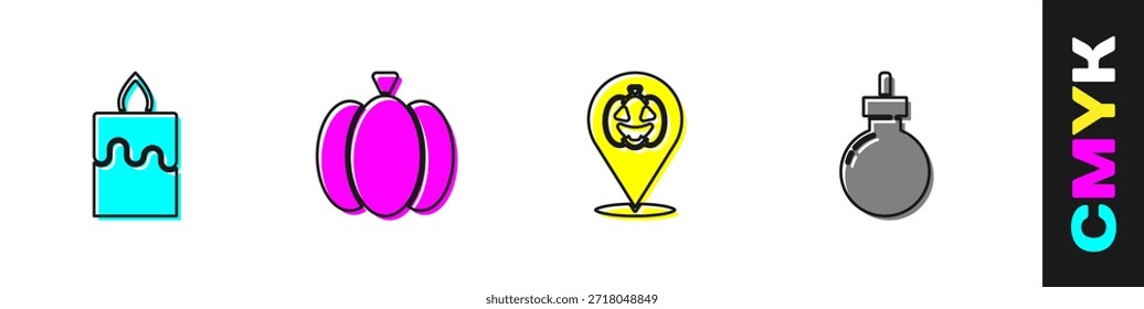 Establecer vela ardiente, calabaza y bomba listo para explotar icono. Vector