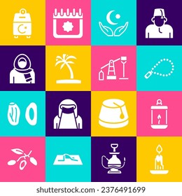 Set Burning candle, Ramadan Kareem lantern, Rosary beads religion, Star crescent, Tropical palm tree, Muslim woman hijab, Donate or pay your zakat and Oil pump pump jack icon. Vector