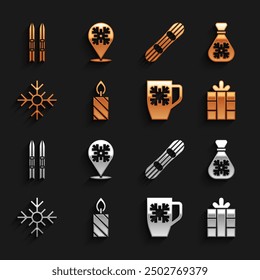 Set Burning candle, Santa Claus bag gift, Gift box, Coffee cup with snowflake, Snowflake, Snowboard, Ski sticks and  icon. Vector