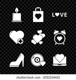 Set Burning Candle, Shopping Bag With Heart, Love Text, Woman Shoe High Heel, Romantic Music, Laptop, Heart And  Icon. Vector