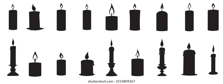 Set of burning candle silhouettes in various shapes and holders illustration for Christmas, New Year celebration, religion commemorative. Candle symbol collection.