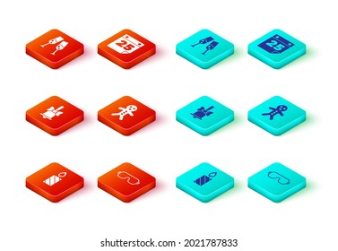 Set Burning candle, Ski goggles, Merry Christmas ringing bell, Holiday gingerbread man cookie, Calendar and Glass of champagne icon. Vector