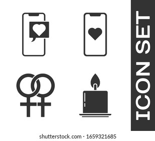 Set Burning candle, Smartphone with heart speech bubble, Female gender symbol and Mobile phone with heart icon. Vector