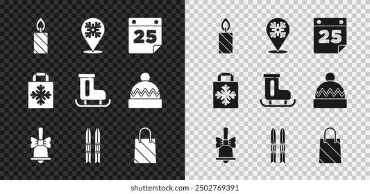 Set Brennende Kerze, Schneeflocke, Kalender, Frohe Weihnachten Klingelglocke, Skistöcke, Einkaufstasche, und Figur Skates Symbol. Vektorgrafik